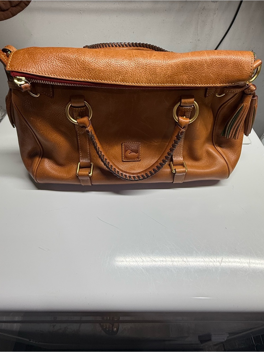 Dooney & Bourke Cognac Brown Leather Satchel with Braided Handle